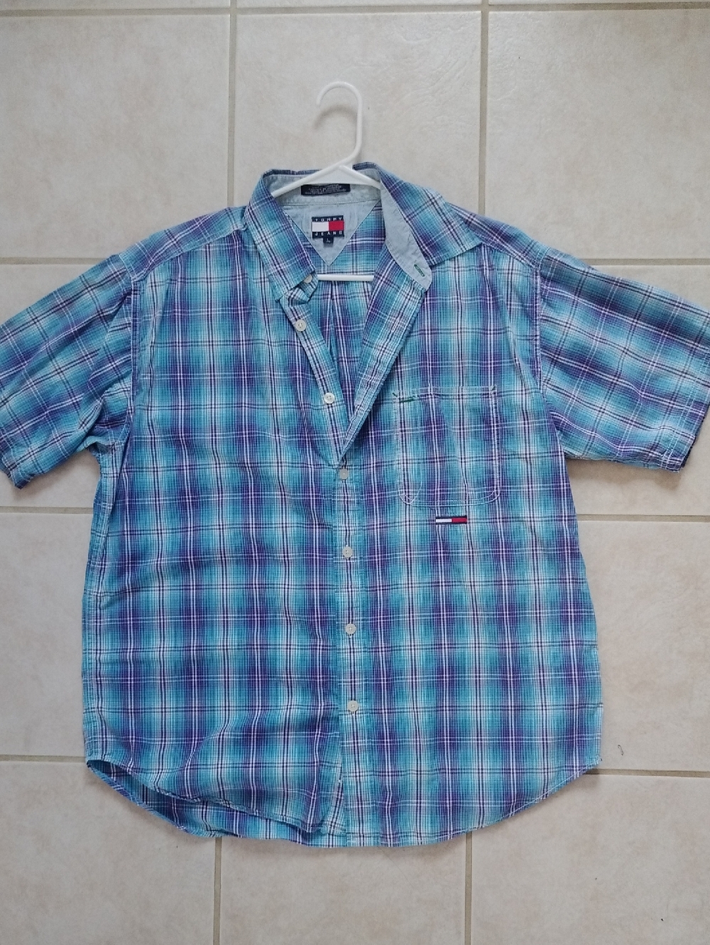 Tommy Hilfiger Teal and Blue Plaid Short-Sleeve Button-Down Shirt